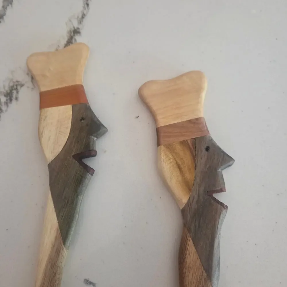 Vintage Hand-Carved Wooden Salad Server Set | Folk Art Chef Face Handles | 12